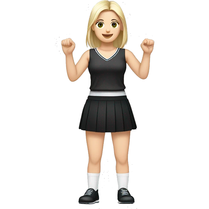 Front view full body caucasian beauty sitting straight hands up black skirt white knickers white socks emoji