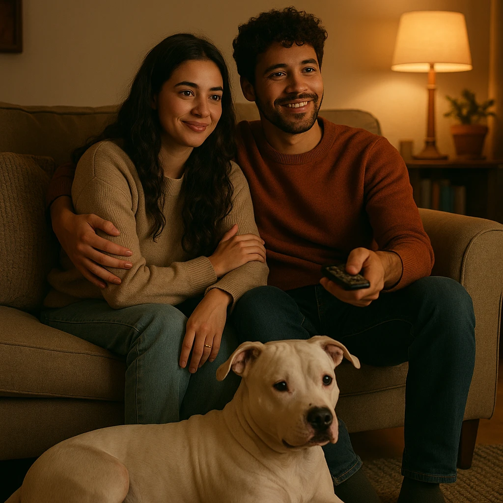boyfriend and girlfriend cuddling while watching TV, white pitbull at their feet, soft lighting, homey vibe emoji