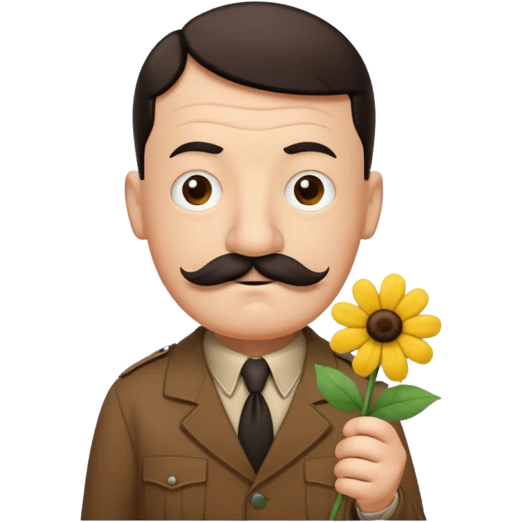 Adolf Hitler as a Mr. Men character, funny and cartoonish, with a small mustache and a silly expression, wearing a brown shirt and holding a flower emoji