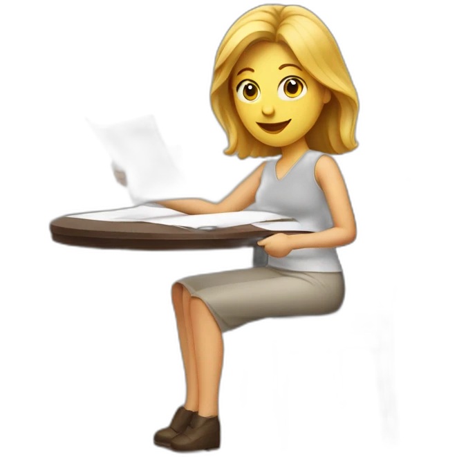 White woman sitting on chair near table with document on hand emoji