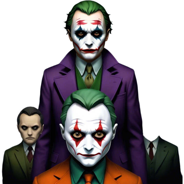 Icon for Thriller Movies: A dramatic close-up collage with iconic characters like Joker and Hannibal Lecter. Set against a dark, moody cityscape with shadows and ominous lighting. A suspenseful atmosphere with eerie tones. Transparent background. emoji