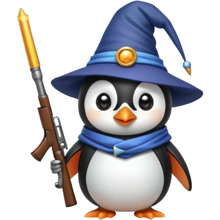 A cute penguin funny with a wizard hat, and a shotgun emoji
