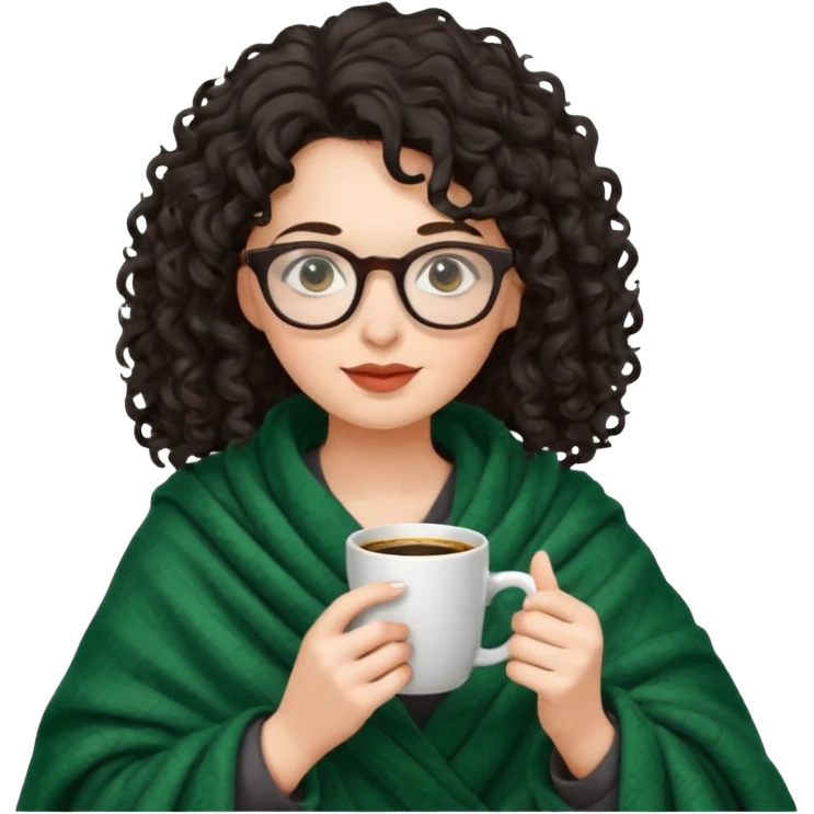 Dark curly hair lady with glasses inside a dark green blanket sipping coffe emoji