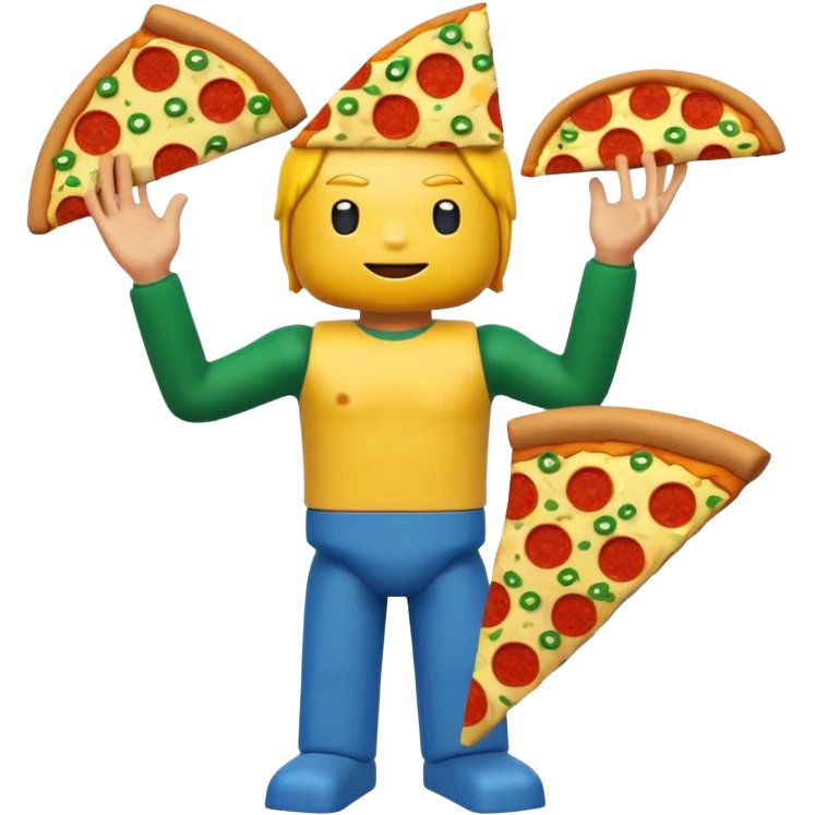 A roblox avatar yellow head arms blue troso green legs and a whole pizza on his head emoji