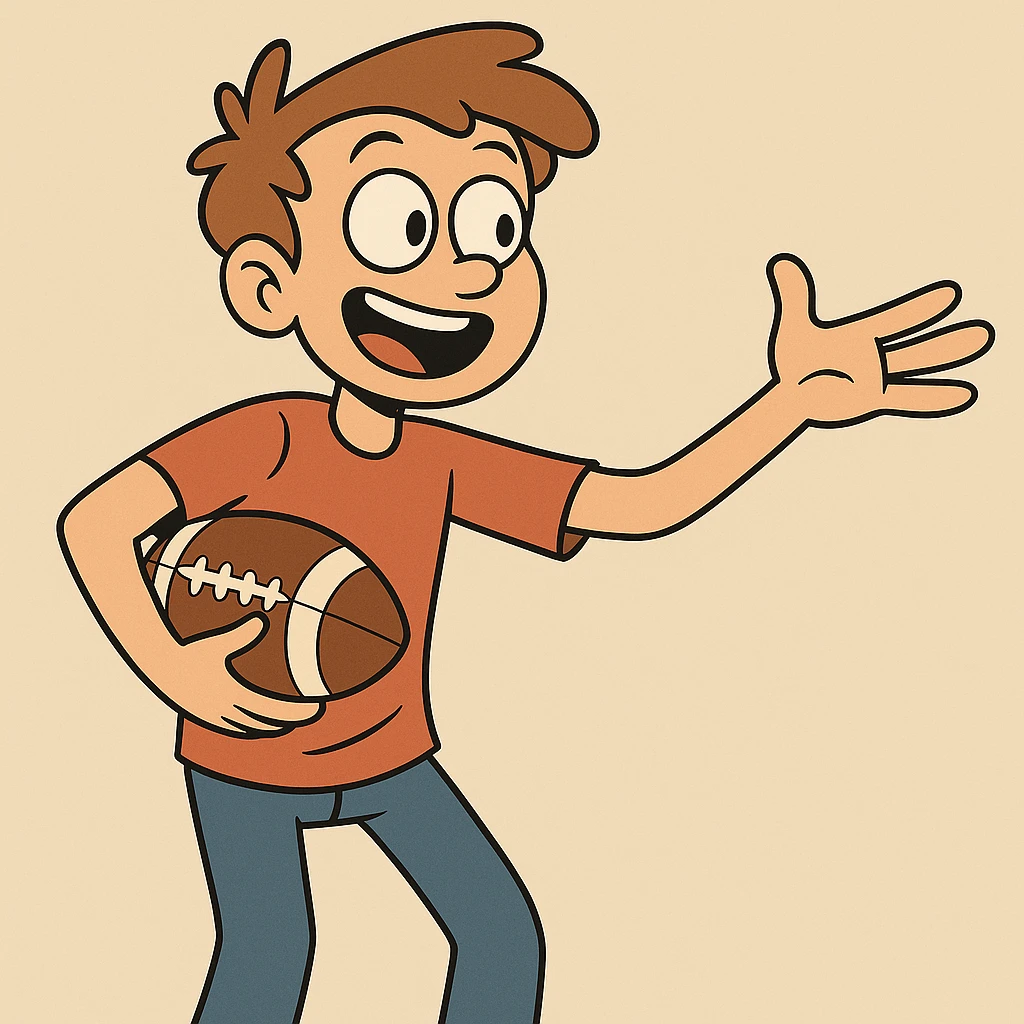 An energetic flat toon style image of a teenage boy gesturing to a friend with a football in hand. emoji