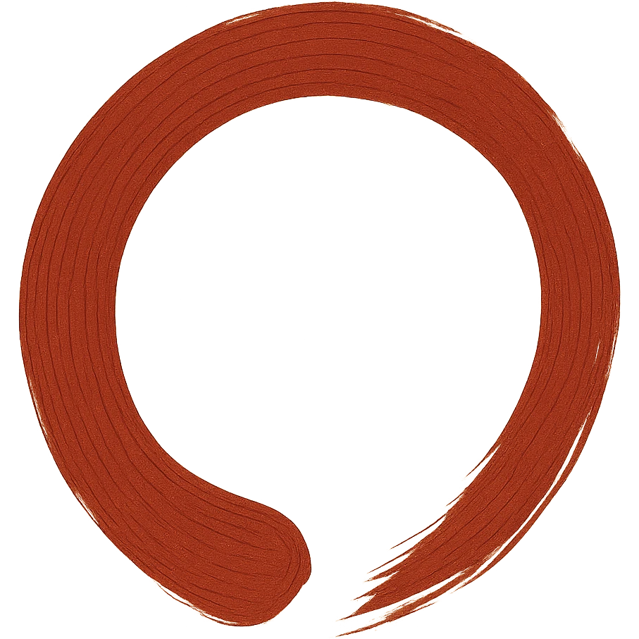 Create a Japanese style enso circle with the same thickness as the previous version but with ragged edges at the start and end, similar to the reference images. The edges should be longer, smeared, and artistic brush strokes. The color should be a rich saturated red. The inside of the circle is completely empty and the background is transparent. No text or decoration. emoji