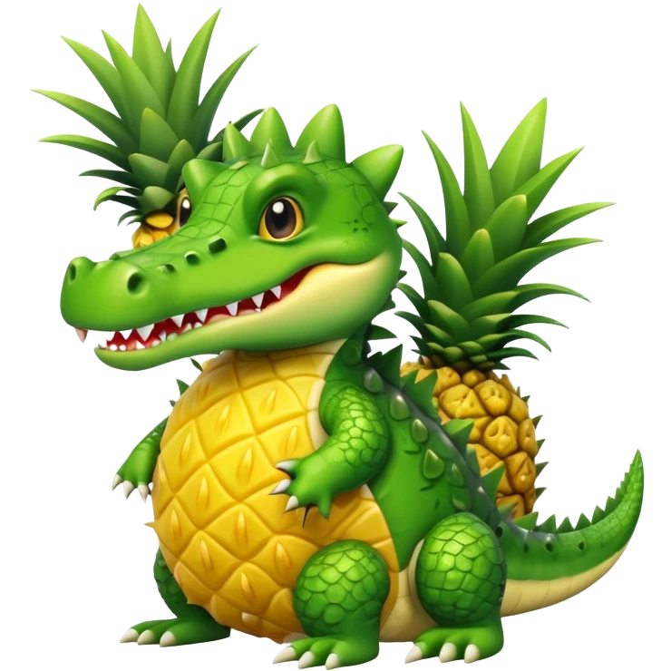 A cute crocodile with a pineapple body, the crocodile head is green with teeth and the body is a yellow pineapple with spiky texture emoji