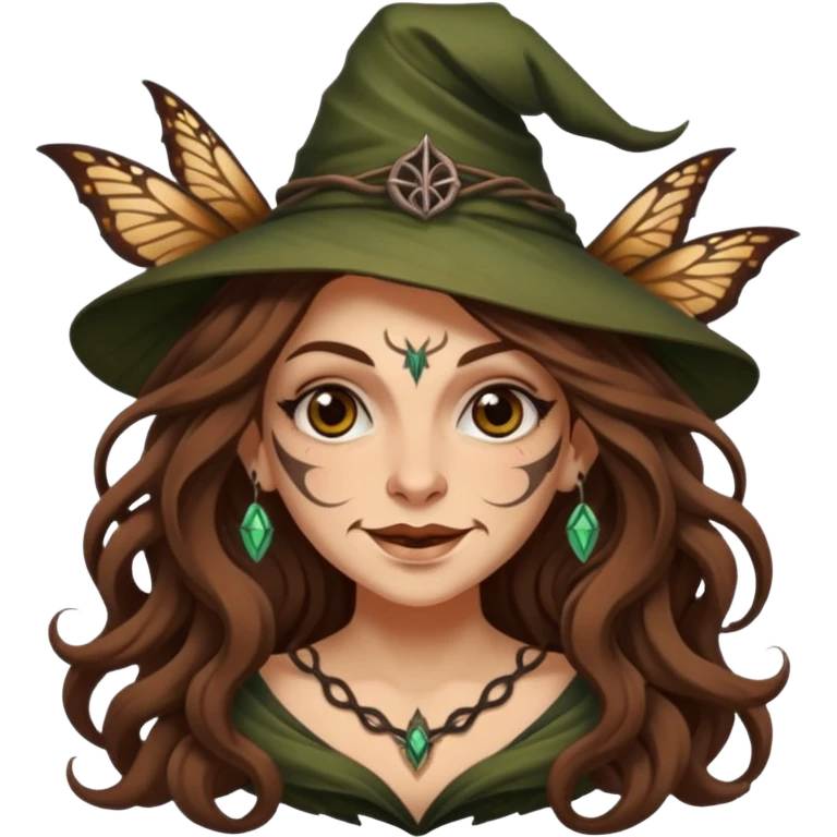 mischievous forest witch woman long wavy brown hair tattoos smirk moth emoji