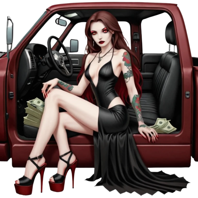 Lilith symbol red eye seductress evil long brown haired sexy succubus woman with leather long dress with slit, sitting in Big Large F350 pickup truck. Black Platform high heels on feet. Tattoo sleeve arms, seat full of stacks of cash, and a man dead human skull of her enemies and a gun in other hand emoji