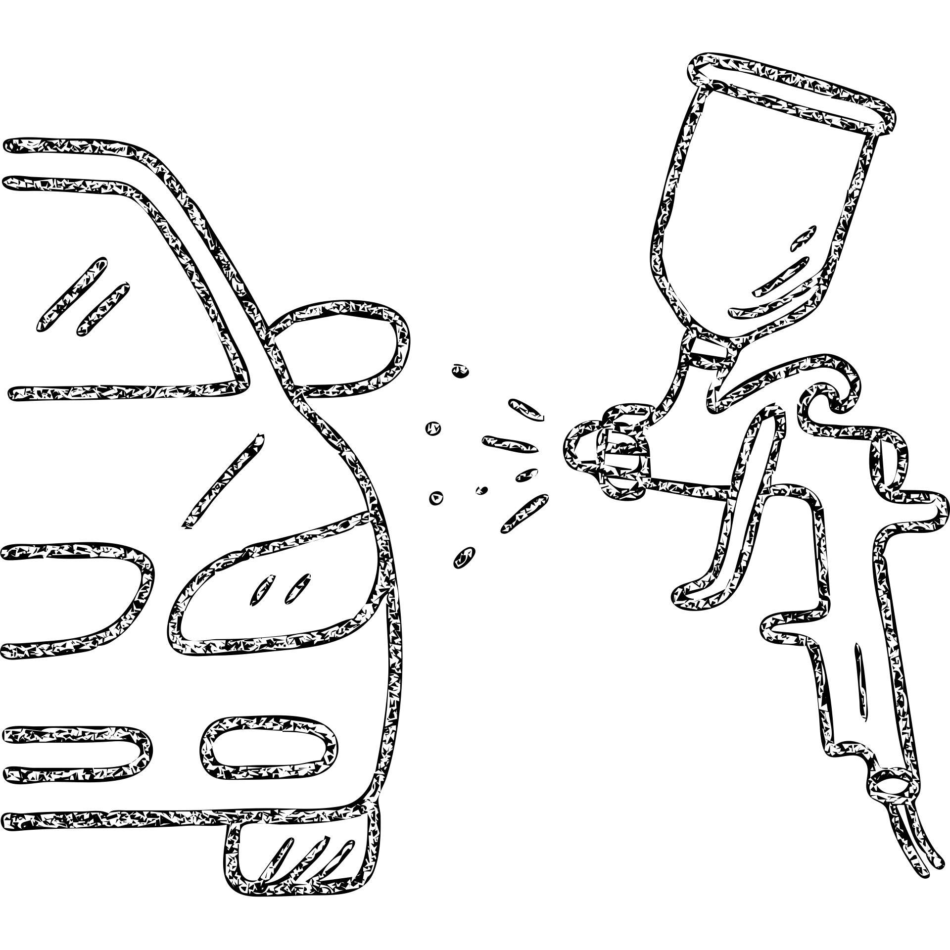 hand-drawn outlined icon of a paint spray gun pointing at a car section, light layer of glossy black paint spraying out, silver details, clean lines, no excess paint, clean and modern emoji