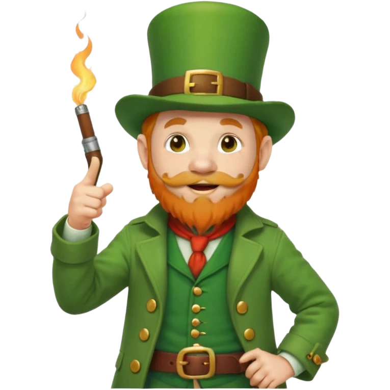 leprechaun looking up, and giving a thumbs up. on his left hand, he is holding his waist. change the hat band with orange band and a red belt. change the facial hair to white. on his mouth, he is smoking a red pipe. emoji