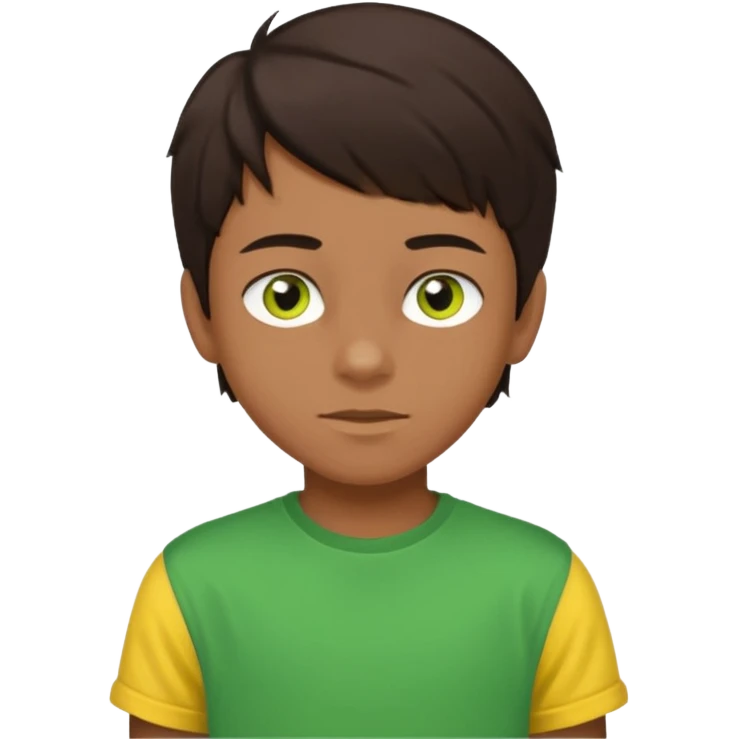 A portrait of a 14-year-old boy, he's got dark-brown hair, brownish skin and green hazel eyes. he's wearing a t-sirt with yellow sleeves. emoji