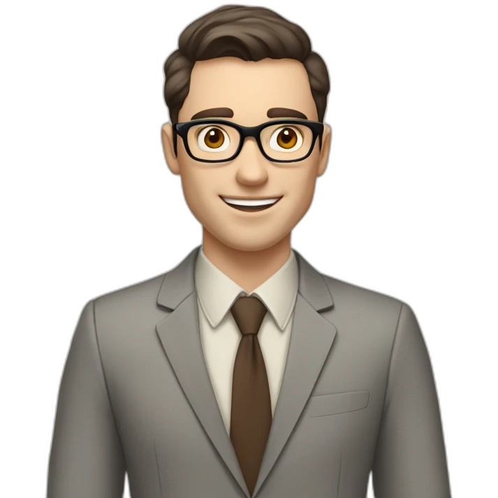 Pale skinned fit man with dark brown hair in gray jacket, beige office shirt, brown tie, brown pants and vintage glasses Writing text on a marker board emoji