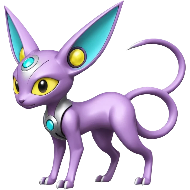 Mechanical Miraidon-Espeon-Mewtwo-Fakémon-hybrid-creature (full body)  with yellow eyes and cyan markings emoji