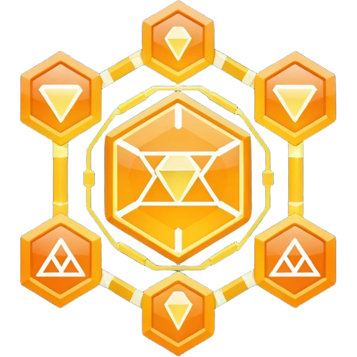 Futuristic reward points icon with PFD in the middle, diamond or hexagon shape, circuit board lines, Bloomberg terminal aesthetic, gold orange phosphor glow on dark background, minimalist geometric, no text, fintech style, clean edges, professional icon design emoji
