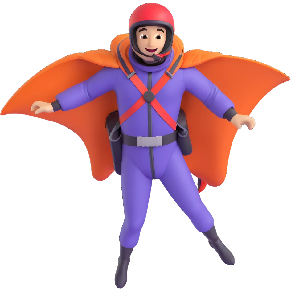 skydiver flying in a wingsuit, dynamic pose, clear wingsuit, joyful expression emoji