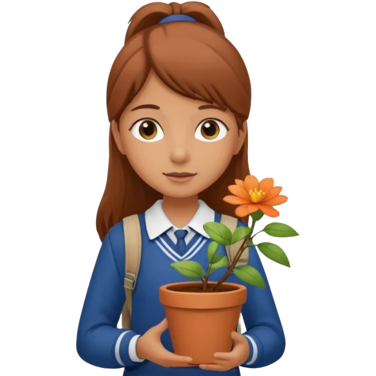 young girl wearing packpack, wearing uniform, holding a flower pot emoji