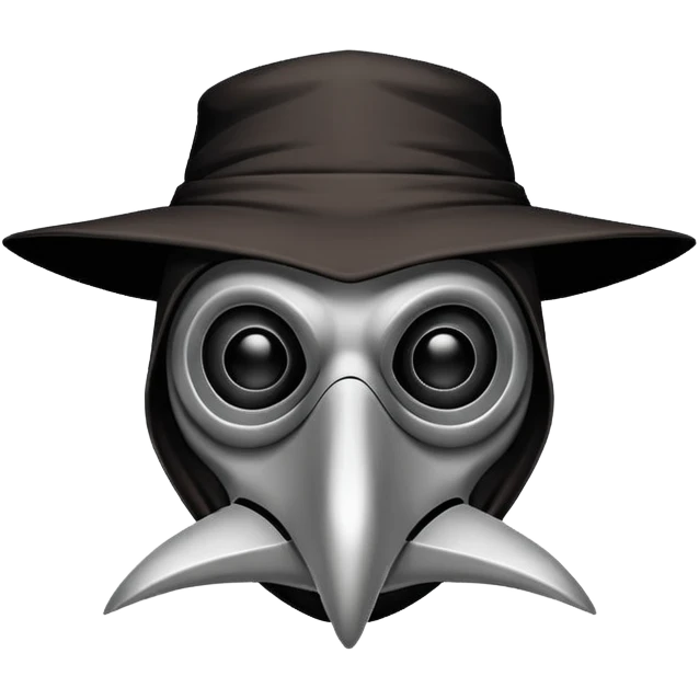 Morbid medieval plague doctor mask with a wide, sinister smile, visible in the empty eye sockets a tiny glow. Clean, stylized lines, flat vector illustration suitable for a small emote. Stylized as a medieval woodcut or metal engraving. Black and white with one accent color  emoji