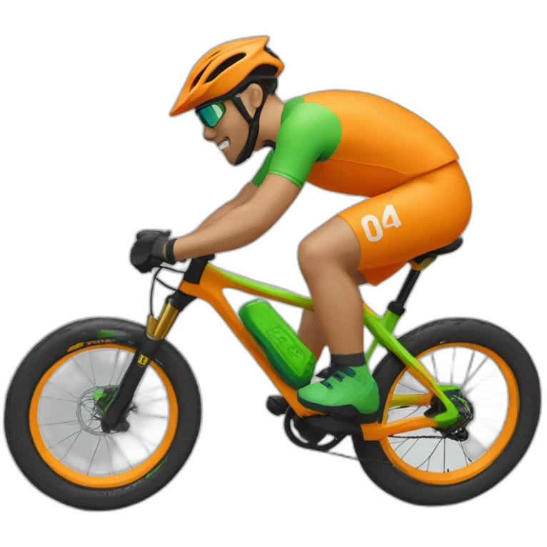 Mountain biker con green bike, green casco, and maillot naranja  saltando un charco emoji