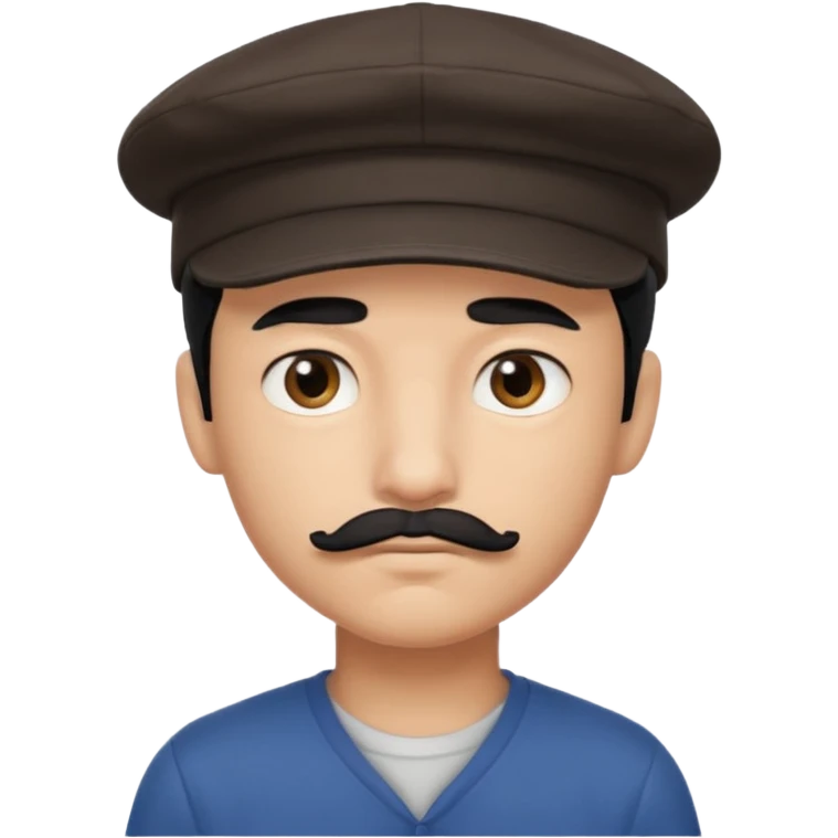 Gere um menino de cabelos preto e boné pro lado com feição séria e bigode fino emoji