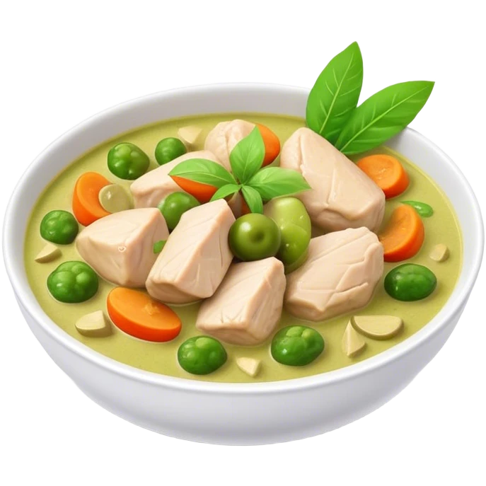 Green Chicken Curry Cinematic Realistic Green Chicken Curry Dish Emoji, depicted as tender chicken chunks simmered in a fragrant green curry sauce with vegetables, rendered with vivid textures and dynamic, vibrant lighting. emoji