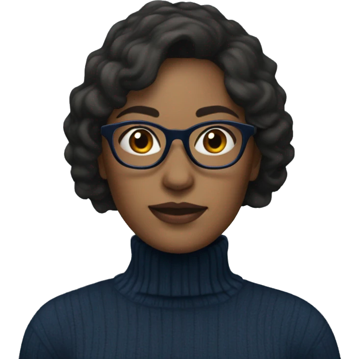 Woman with long, dark brown hair and glasses wearing a dark blue turtleneck  emoji