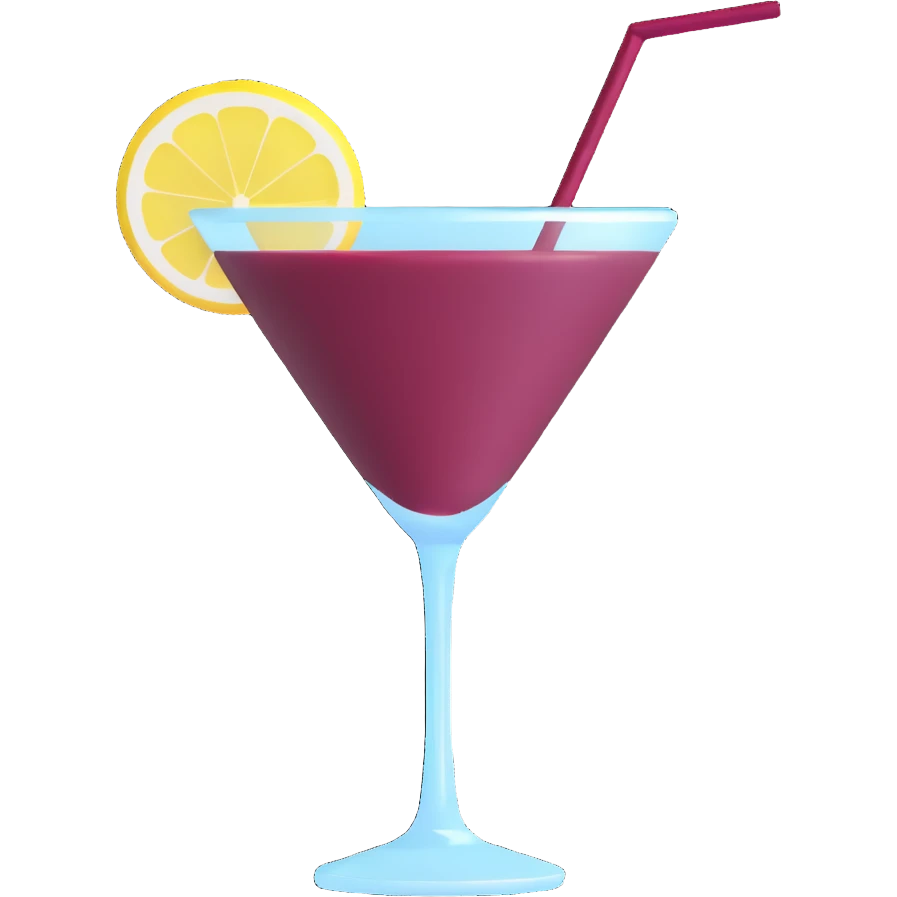 3D emoji style cocktail glass with burgundy drink and a lemon twist garnish emoji