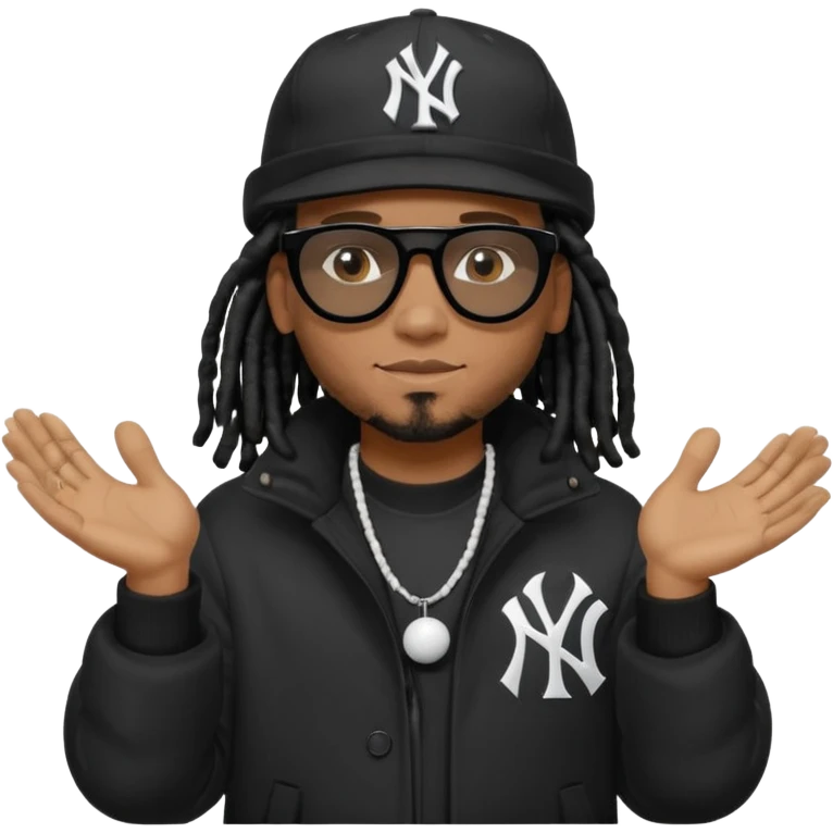 African American man with shoulder length black dreadlocks wearing black sunglasses with black bubble winter coat wearing a New York Yankees baseball hat with hands out emoji