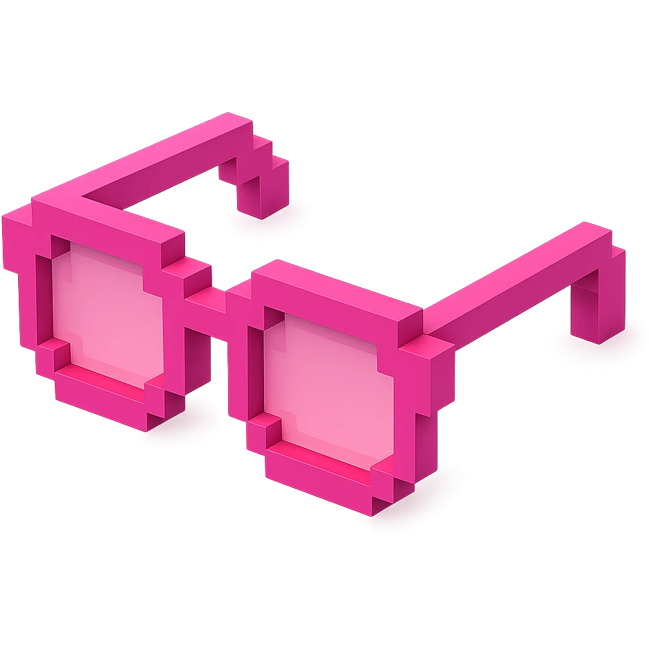 Voxel-style pink glasses with pink lenses, no background, following the silhouette from the reference image, with a different shape. emoji