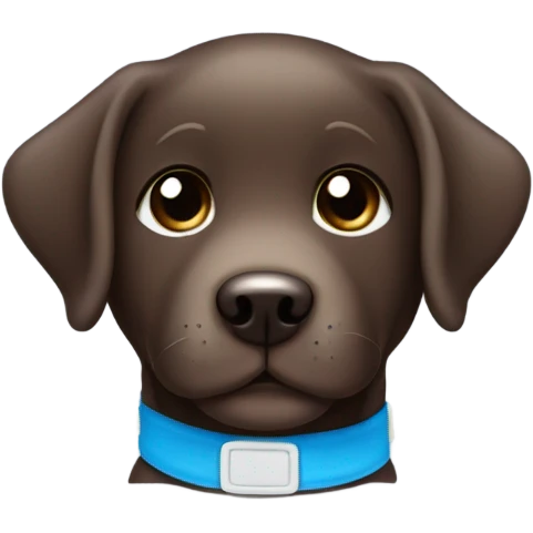 Warm Chocolate labrador puppy with small white fur on chest and cute blue collar emoji