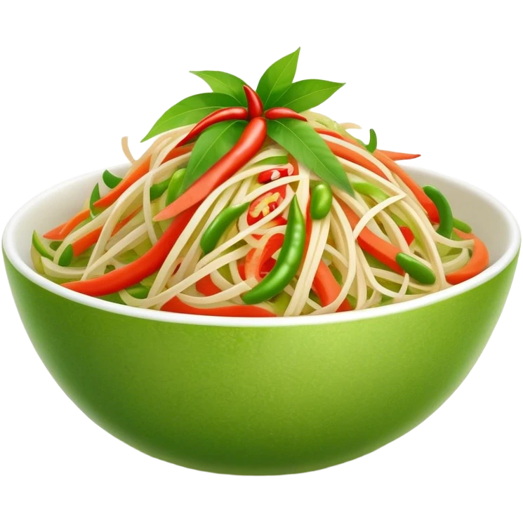 Cinematic Realistic Som Tam (Papaya Salad) Dish Emoji, featuring a spicy, tangy salad of shredded green papaya with chili and lime rendered with crisp textures and bright, lively lighting. emoji