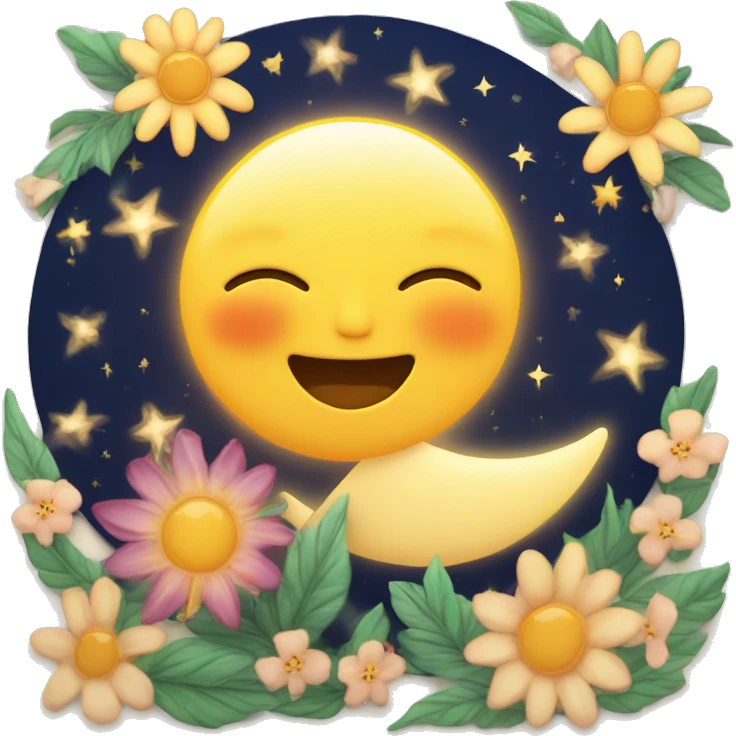 Sun and crescent moon kissing with stars and flowers around emoji