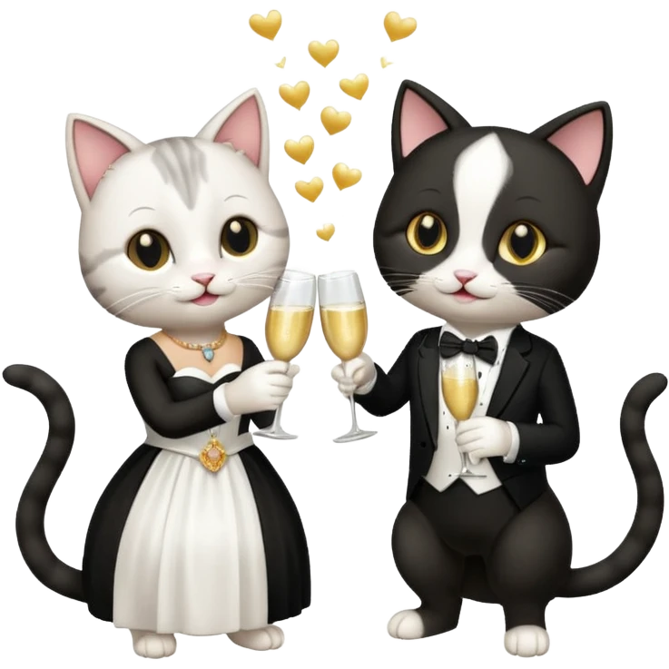 two happy cats getting married with champagne glasses emoji