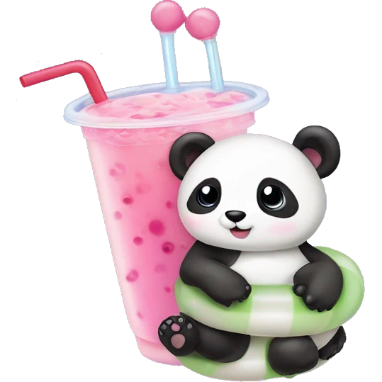 Bubble tea with a tiny miniature panda lounging on a itty bitty swim tube emoji