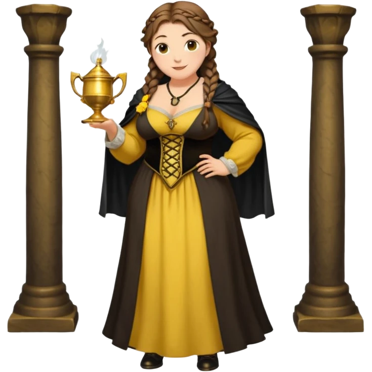 Helga Hufflepuff,brown-haired,2 braids,yellow-black medieval open dress,deep neckline,fat macromastia,black cloak decorated with gold braiding,gold cup with two handles,very kind smile,curvy busty sweet woman,round rosy cheeks,full length with medieval shoes emoji