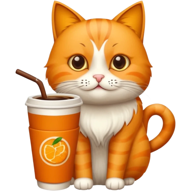 Gato naranja tomando café frio con un popote tomando el popote con sus patitas emoji