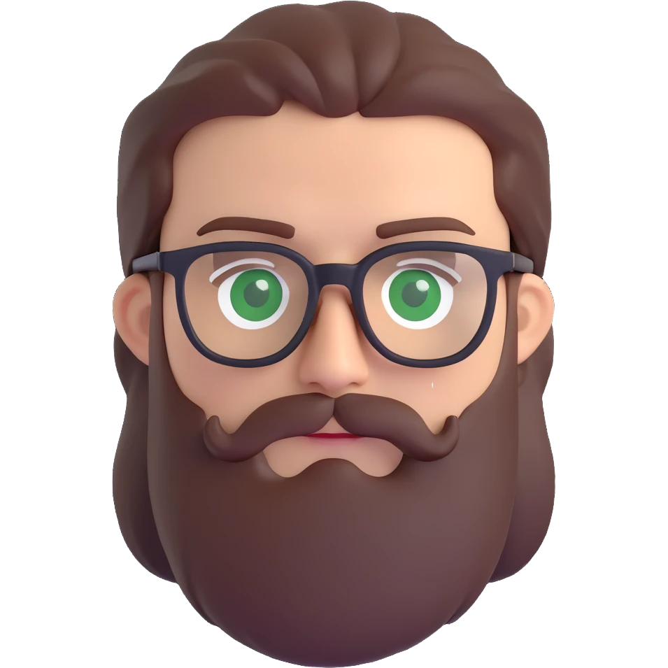 white male mid 30s green eyes black square glasses long brown beard with medium brown hair emoji