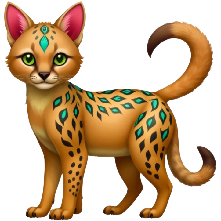 Colorful cute adorable tropical exotic fruity kiwi-green lemony rosy neon-red Caracal-Cheetah-Civet-Trico-fusion-hybrid-animal-creature, full body, with tribal tattoos emoji