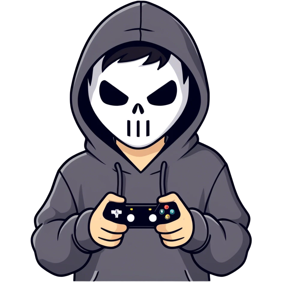 Cool coy kid with black hair playing video games and wearing a black hoodie with ghostface  emoji