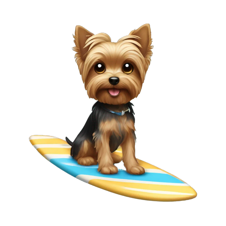 A Yorkie dog riding a surf board holding a dog bone emoji