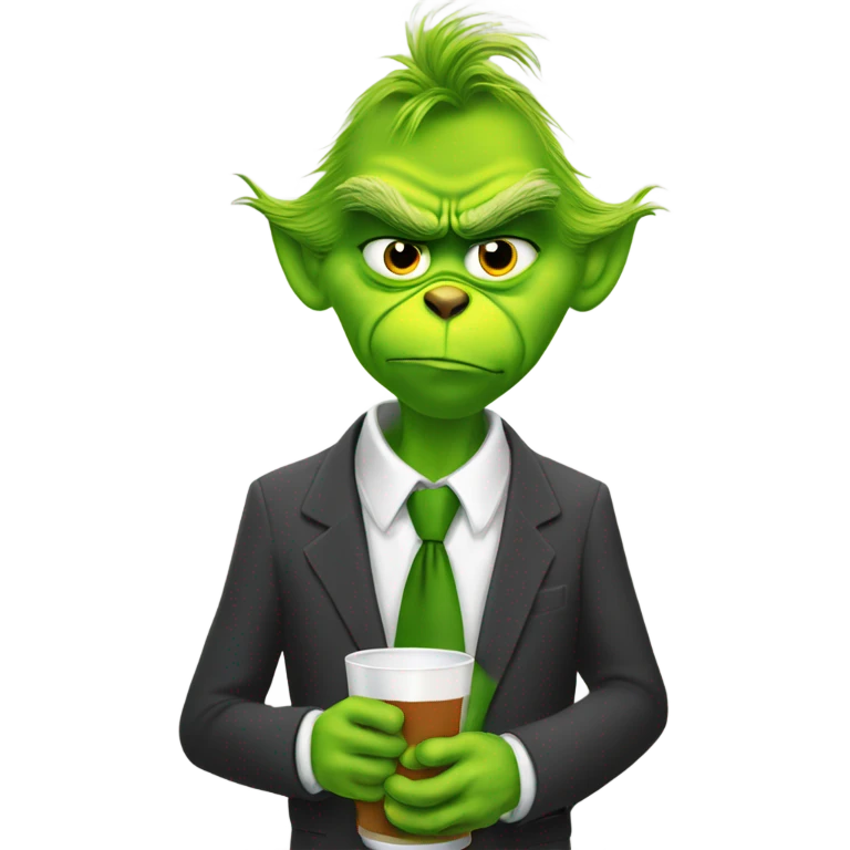 grinch in suit and tie drinking at the computer. emoji