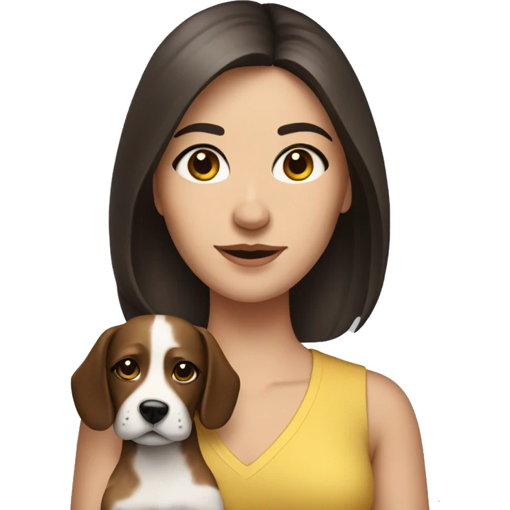 medium length pretty brunette haired woman with black eyes holding a dog emoji