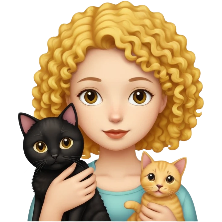 The girl is holding a black cat, a yellow shorthair cat, and a curly-haired dog emoji