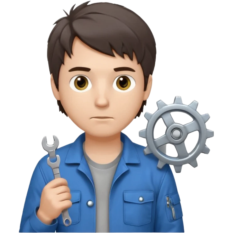 Calm and independent male technician, fair skin, short tousled dark brown hair, cool gray eyes, serious but composed expression, wearing a blue work jacket over a grey t-shirt, holding a wrench in one hand and a mechanical gear in the other, waist-up, front-facing emoji