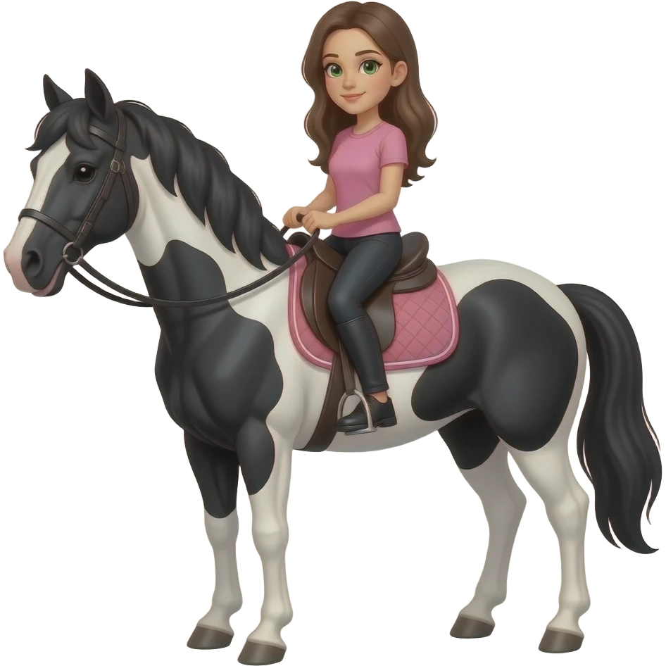 Брюнетка в розовой футболке и черных штанах  с зеленими глазами ездит верхом на большом чорно белом коне emoji