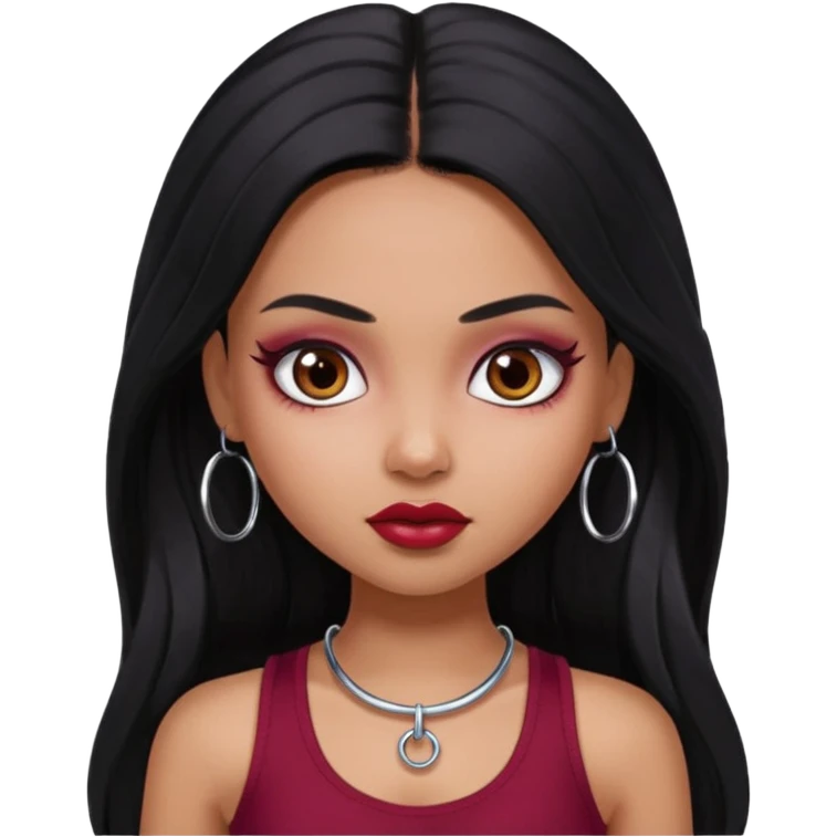 a pretty bratz girl with long black hair, kajal under eyes, small silver hoop. Dark cherry red tank top on.  emoji