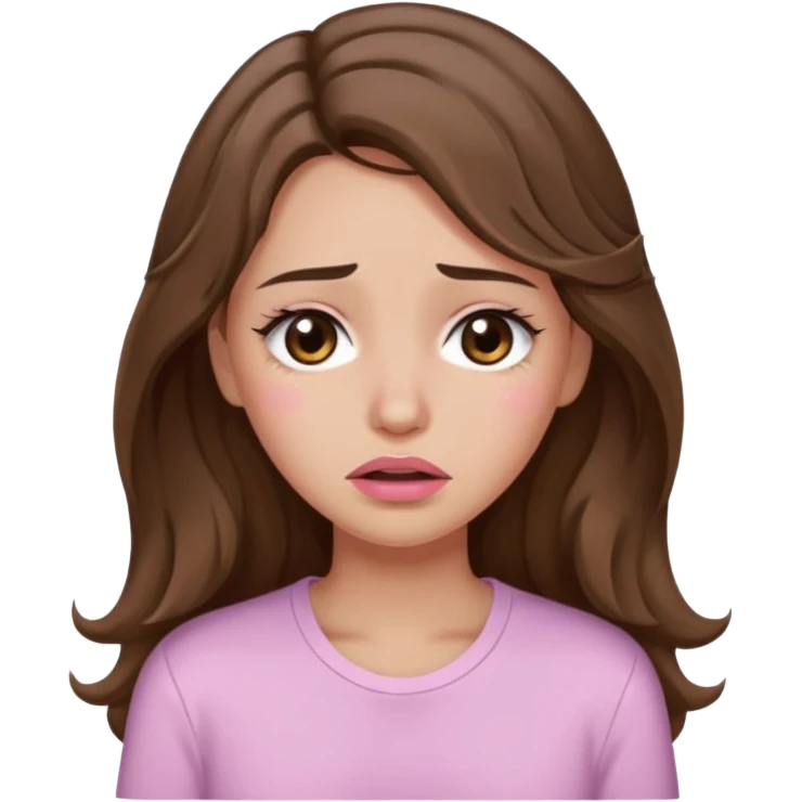 girl with wavy long brown hair, brown eyes, light to medium complexion, long lashes, light pink lipstick, wearing light pink shirt, weeping with big tears emoji
