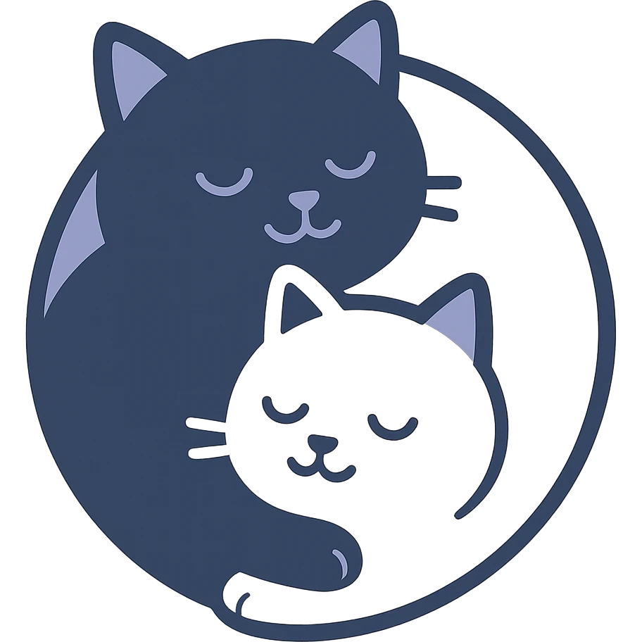 yin-yang symbol made of a black cat and a white cat, curled up together, peaceful expression, stylized, clean lines, minimal background emoji