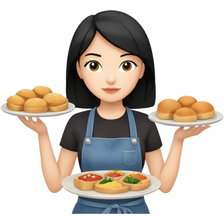 waitress with black hair and a food plate with a black tshirt and ª jeans apron. with a bigger plate and the plate with a tapa emoji