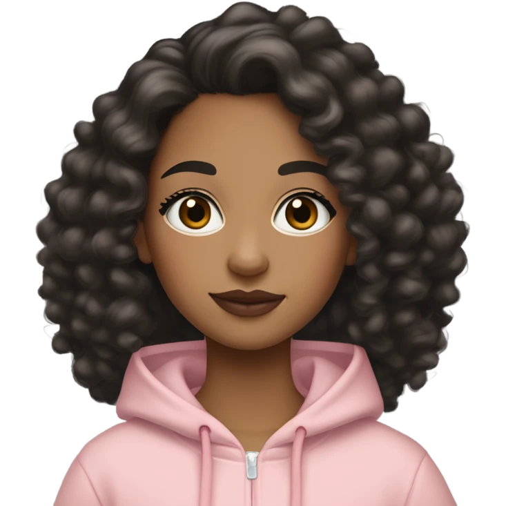 A mixed-race girl with medium-length black a bit loose curly hair, with makeup including concealer, mascara, noticeable blush, and a lip look featuring a light brown lip liner blended with a soft pink shade. She’s dressed in a black Nike hoodie. emoji